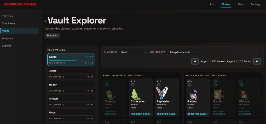Vue classeur avec navigation de coffres et grille de cartes