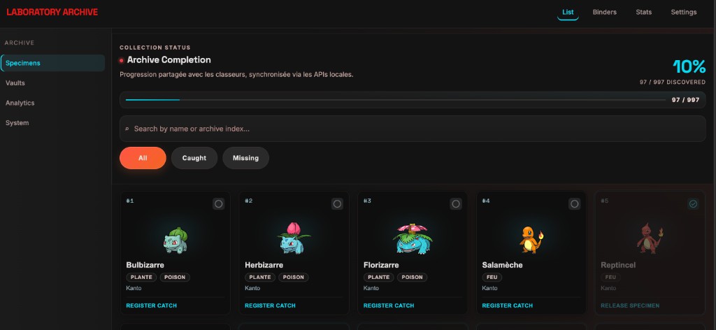 Grille de collection Pokevault avec progression et cartes Pokemon